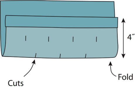 illustration of a square of fabric folded in half and small cuts made along the…